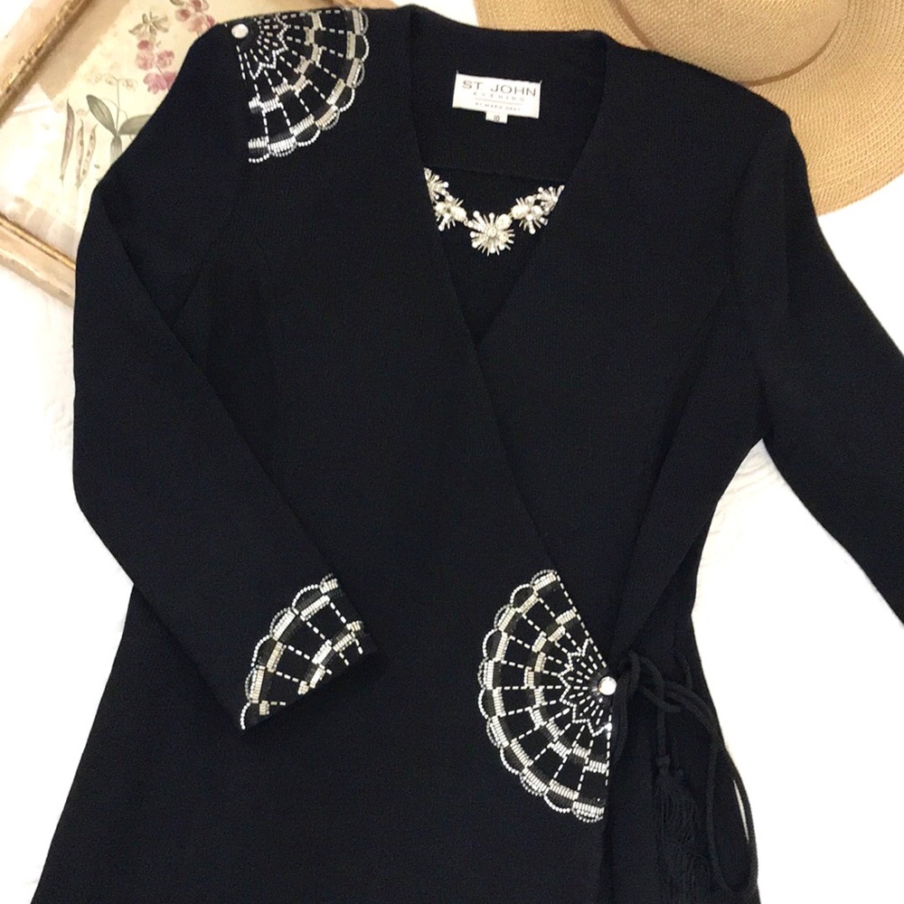 St. John Evening Embellished Knit Wrap Dress